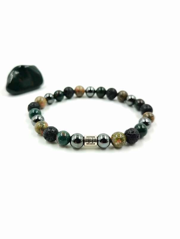 Ikrek lávakő, hematit, unakit, heliotrop férfi karkötő