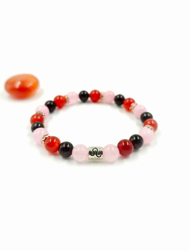 Oroszlán rózsakvarc, karneol, gránát női karkötő